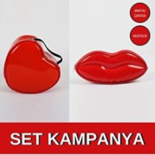 Maykis Dudak Kalp Set Kırtasiye, Hediyelik, Kalemlik, Kozmetik, Kırmızı Set Makyaj Çantası