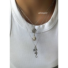 Aksesuaris 3'lü Gümüş Yıldızlı Charm Deniz Kabuğu Incili Kolye Set Plaj Kombin