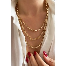 Liveyn Design Üç Sıralı Geometrik Zincir Gold Kolye
