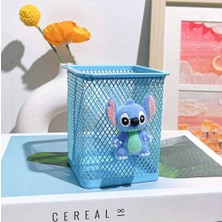 Ada Çanta Kırtasiye Stitch Figürlü Masa Üstü Metal Kare Model Kalemlik Mavi AD19196