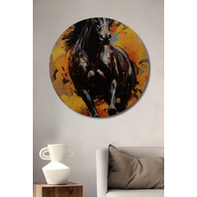 Teona Ahşap Siyah Atın Ateşli Dansı Yağlı Boya Görünümlü Modern Sanat Ahşap Dekoratif Tablo Yuvarlak Tablo