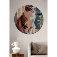 Teona Ahşap Sevimli Kedi Pencere Kenarında Yağlı Boya Görünümlü Ahşap Dekoratif Tablo Yuvarlak Tablo