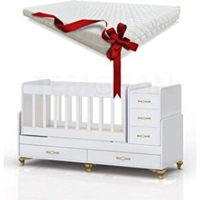 5 Çekmeceli Yataklı Büyüyen ve Karyola Olabilen Anne Yanı Sallanan Bebek Beşiği 60 x 120 Altın