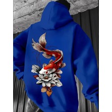 Amor Man Büyük Beden Özel Tasarım Kapüşonlu Koi Balığı Sırt Baskılı %100 Pamuk Oversize Erkek Sweatshırt