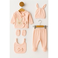 Organik Kız Bebek Tavşan Desenli 5'li Tulum Hastane Çıkışı Yenidoğan Kıyafet Mama Önlüğü