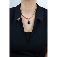 Liveyn Design Siyah Kristal Uçlu Bronz Renk Kolye