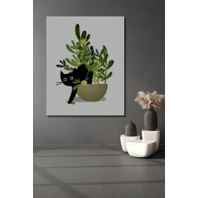 Teona Ahşap Şirin Kara Kedi ve Çiçekler Sulu Boya Görünümlü Dekoratif Ahşap Tablo Dikdörtgen Tablo