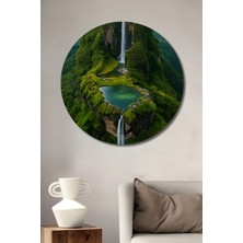 Teona Ahşap Şelale ve Yeşil Tepe Yağlı Boya Görünümlü Dekoratif Ahşap Tablo Yuvarlak Tablo