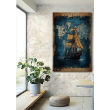 Teona Ahşap Büyük Yelkenli Gemi Dünya Haritası Üzerinde Eski Tarihsel Yağlı Boya Görünümlü Ahşap Tablo