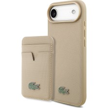 iPhone 17 Air Kılıf Lacoste Lisanslı M-Safeli Pu Pike Desenli Metal Logolu Kartlıklı Kapak Bej