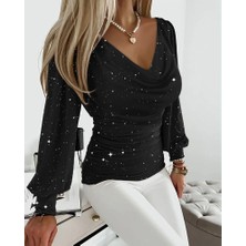 Tiana Kadın Uzun Kollu Degaje Yaka Taşlı Sandy Bluz