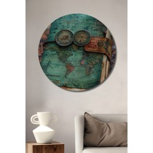 Teona Ahşap Antik Dünya Haritası Ahşap Tablo Eski Pusula Dekoratif Sanat Yuvarlak Tablo