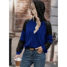 Arben Boutique Kadın Uzun Kollu Dantelli Kapşonlu Viskon Iki Iplik Bluz