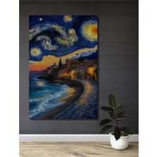 Teona Ahşap Yıldızlı Gece Esintili Sahil Kasabası Yağlı Boya Görünümlü Ahşap Dekoratif Tablo Dikdörtgen Tablo