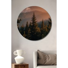 Teona Ahşap Gün Batımında Orman Yağlı Boya Görünümlü Dekoratif Ahşap Tablo Yuvarlak Tablo