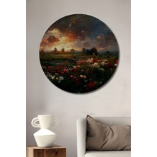 Teona Ahşap Gün Batımı Gülleri Yağlı Boya Görünümlü Ahşap Dekoratif Tablo Yuvarlak Tablo