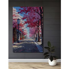 Teona Ahşap Anime Tarzı Pembe Sakura Ağaçlı Sokak Manzarası Yağlı Boya Görünümlü Ahşap Tablo Dikdörtgen Tablo