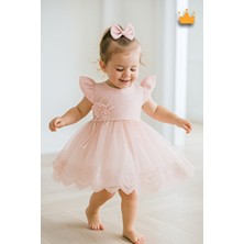 Minimony Gofre Tül Etekli Kız Bebek Abiye Bayramlık Elbise Pudra 0-24 Ay Fırfırlı Silüet