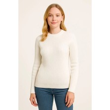 Silerra Kadın Bisiklet Yuvarlak Yaka Triko Kazak Pamuklu Kalın Fitilli Dokuma, Regular Fit Uzun Kollu Kışlık Model - Beyaz