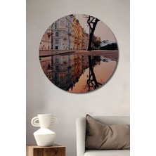 Teona Ahşap Gün Batımında Çekilen Şehrin ve Ağacın Yansıması Yağlı Boya Görünümlü Ahşap Dekoru Tablo