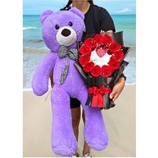 Lenostra Sevgiliye Hediye Aynalı Çiçek ve 90CM Mor Ayıcık - Bu Güller Senin Aynadakide Benim - Çiçek Buketi