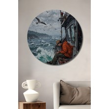 Teona Ahşap Denizci ve Martılar Yağlı Boya Görünümlü Ahşap Dekoratif Tablo Yuvarlak Tablo