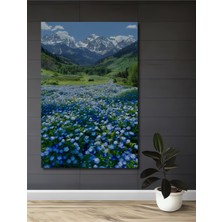 Teona Ahşap Gökyüzü Mavisi Çiçek Tarlası ve Karlı Dağlar Sulu Boya Görünümlü Ahşap Tablo Dikdörtgen Tablo