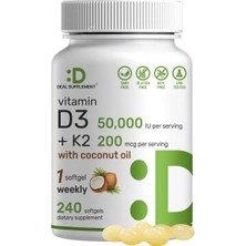 Deal Supplement Vitamin D3 50,000 Iu + K2 Mk7 Coconut Oil Bone Teeth & Immune Health 240 Softgels
