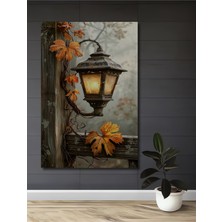 Teona Ahşap Rustik Sokak Lambası Yaprak Desenli Yağlı Boya Görünümlü Dekoratif Ahşap Tablo Dikdörtgen Tablo