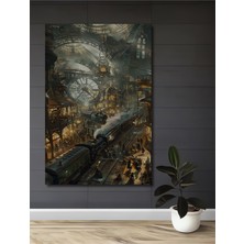 Teona Ahşap Buharlı Tren Istasyonu Yağlı Boya Görünümlü Steampunk Sanat Dekoratif Ahşap Tablo Dikdörtgen Tablo