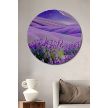 Teona Ahşap Mor Dağlar Eşliğinde Lavanta Tarlası Yağlı Boya Görünümlü Dekoratif Ahşap Tablo Yuvarlak Tablo