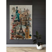 Teona Ahşap Paris ve New York Ikonları Sulu Boya Görünümlü Ahşap Dekoratif Tablo Dikdörtgen Tablo