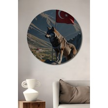 Teona Ahşap Bozkurt ve Türk Bayrağı Yağlı Boya Görünümlü Ahşap Dekoratif Tablo Yuvarlak Tablo