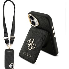 iPhone 17 Uyumlu Kılıf Guess Lisanslı M-Safe Şarj Özellikli Askılı ve 4g Logo Kartlıklı Kapak Siyah