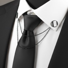 Siyah Yuvarlak Zincirli Gömlek & Ceket & Damatlık & Yaka Iğnesi