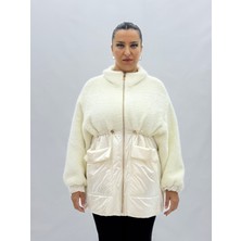 AlanyaXXL Büyük Beden Fermuarlı Cepli Ekru Peluş ve Parlak Kumaş Oversize Kadın Mont