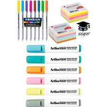 Çok Renkli 6 Fosforlu Kalem 8 Tükenmez Kalem 1er Neon ve Pastel Yapışkanlı Kağıt Yazı Seti