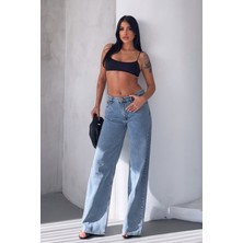 Whatsup Geniş Paça Düşük Bel Kadın Jean Pantolon  - Mavi Mavi - 28