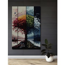 Teona Ahşap Dört Mevsim Ağaç Manzarası Sulu Boya Görünümlü Dekoratif Ahşap Tablo Dikdörtgen Tablo