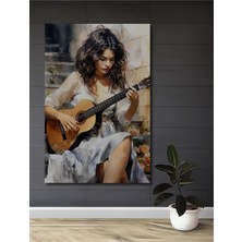 Teona Ahşap Sulu Boya Görünümlü Gitar Çalan Güzel Kadın Ahşap Dekoratif Tablo Dikdörtgen Tablo