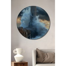 Teona Ahşap Fırtınalı Deniz Feneri Yağlı Boya Görünümlü Ahşap Dekoratif Tablo Yuvarlak Tablo