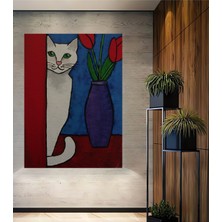 Teona Ahşap Sevimli Kedi ve Kırmızı Lale Yağlı Boya Görünümlü Ahşap Dekoratif Tablo Dikdörtgen Tablo