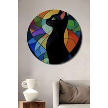 Teona Ahşap Siyah Kedi Soyut Sanat Yağlı Boya Görünümlü Ahşap Dekoratif Tablo Yuvarlak Tablo