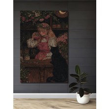Teona Ahşap Peri Kızın Gızemlı Iksiri ve Kara Kedi Yağlı Boya Görünümlü Ahşap Dekoratif Tablo Dikdörtgen Tablo