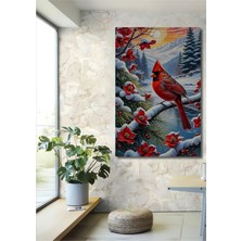 Teona Ahşap Kardinal Kuşu Kış Manzarası Yağlı Boya Görünümlü Dekoratif Ahşap Tablo Dikdörtgen Tablo