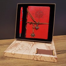 Bsre Kırmızı Pusula Tasarım Deri Defter ve Touchpen Kalem Seti