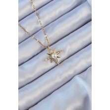 Mena Rise 316L Çelik Zincir Altın Renk Baget Taşlı Inci Detay Kutup Yıldızı Kolye - Lisinya