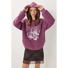 Happiness İstanbul Kapüşonlu Baskılı Şardonlu Örme Sweatshirt LUB0315 Mürdüm