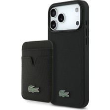 iPhone 17 Pro Max Kılıf Lacoste Lisanslı M-Safeli Pu Pike Desenli Metal Logo Kartlıklı Kapak Siyah