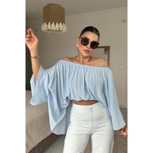 Eswomes Yaka Lastikli Yarasa Kol Oversize Bluz Bebe Mavisi